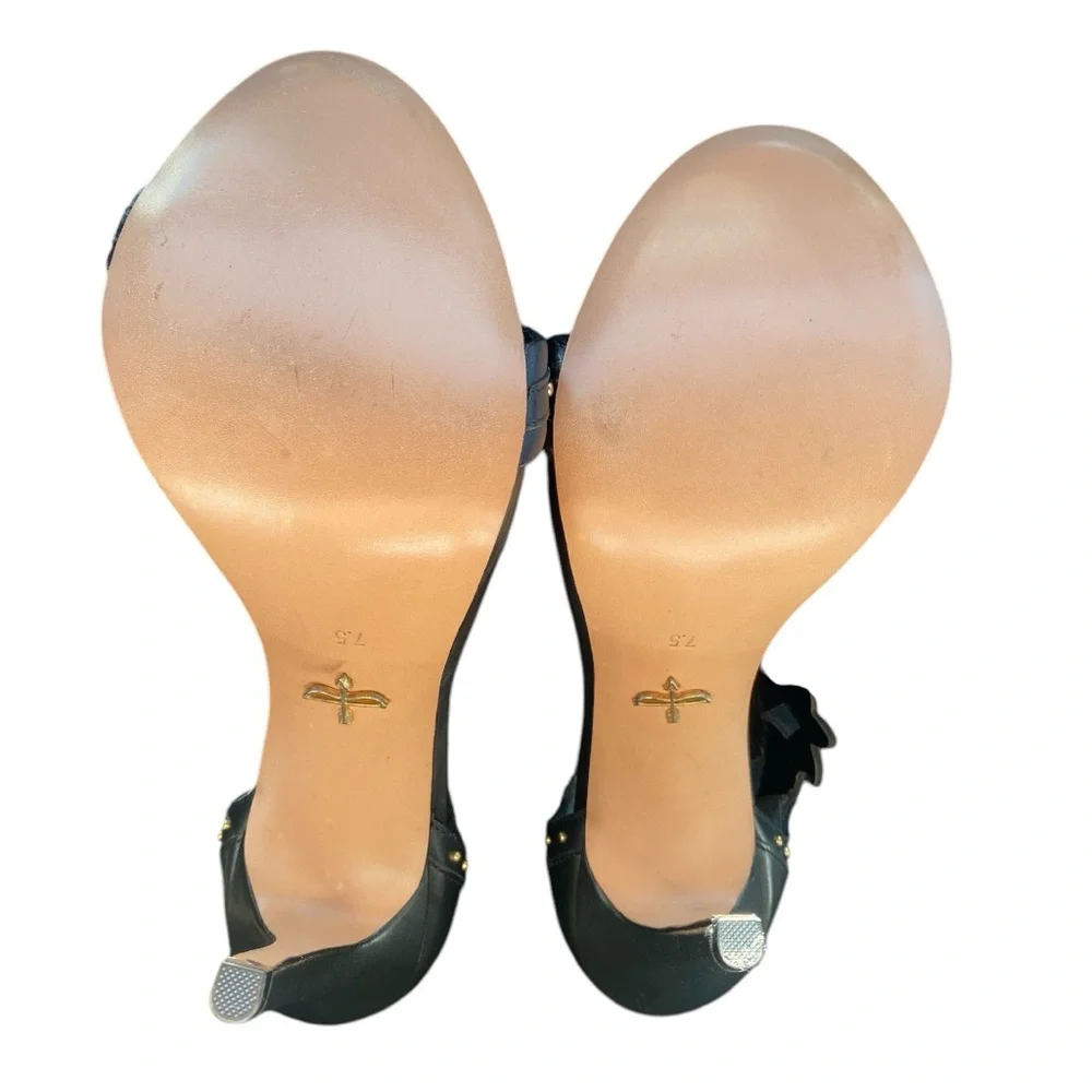 Pour La Victoire Black Leather Heels Studded Open Toe Ankle Straps Women's 7.5